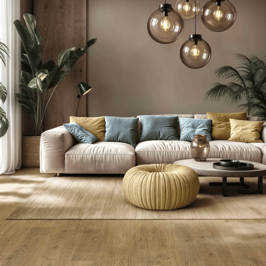 Modern living room with a beige sofa, pouf, and decorative pillows.