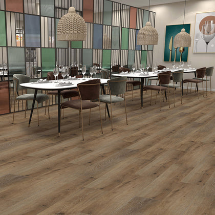 Dining area with tables and chairs on a wooden floor