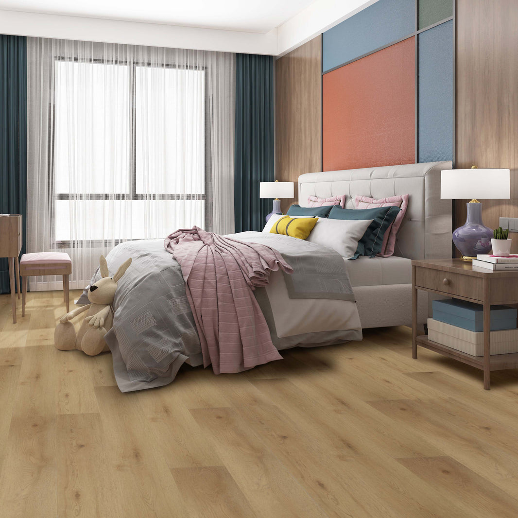 Modern bedroom with a bed, nightstands, and decor elements.